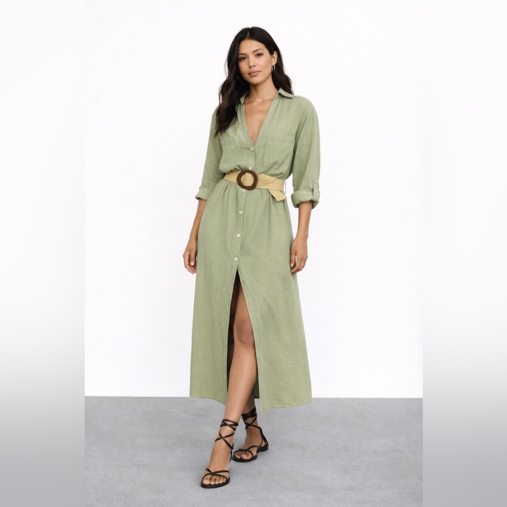 BELTED LINEN SHIRTDRESS with Slit for Casual Wear Size S